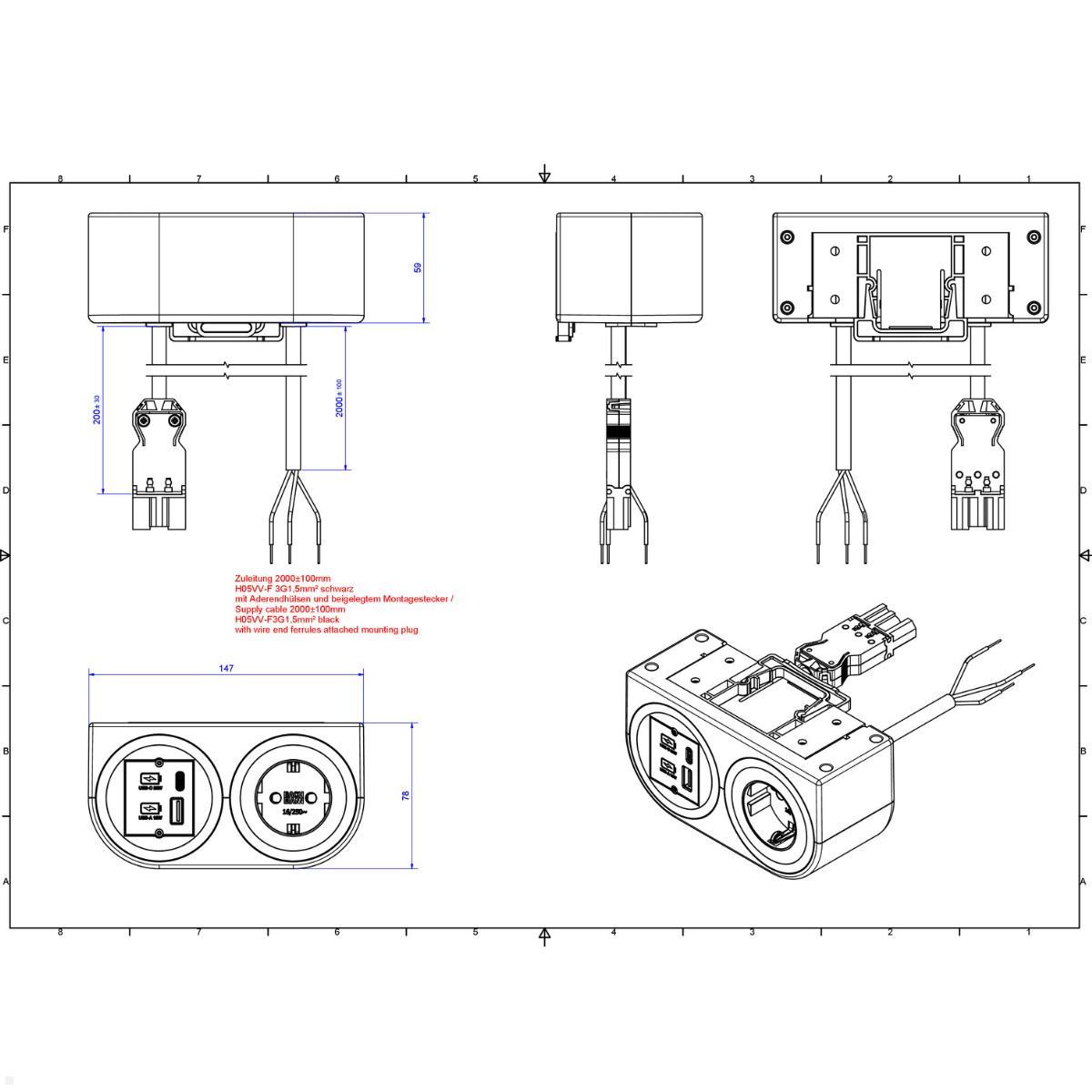 Bachmann PIX HOLDER DOUBLE Steckdose für Möbel mit 1x CEE7/3, 1x CM, 1x USB A/C, 2m Zuleitung (BM0020100), Ladepunkt Sitzmöbel