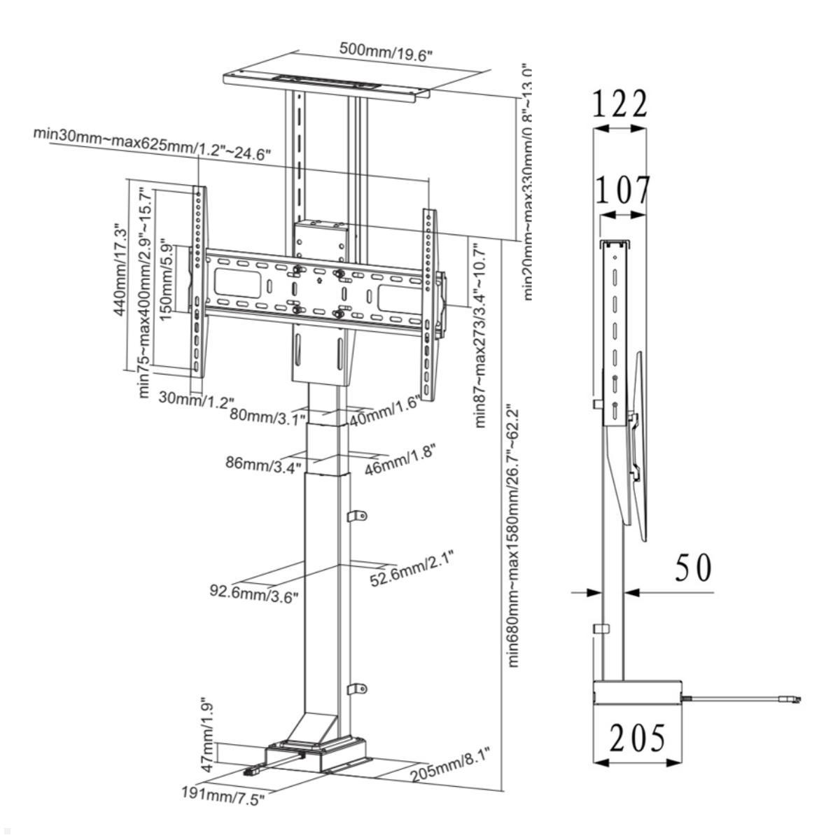 MonLines MLS006B Einbau TV Lift bis 65Zoll elektrisch, 890 Hub, schwarz Maße MonLines MLS006B Einbau TV Lift bis 65Zoll elektrisch, 890 Hub, schwarz Maße