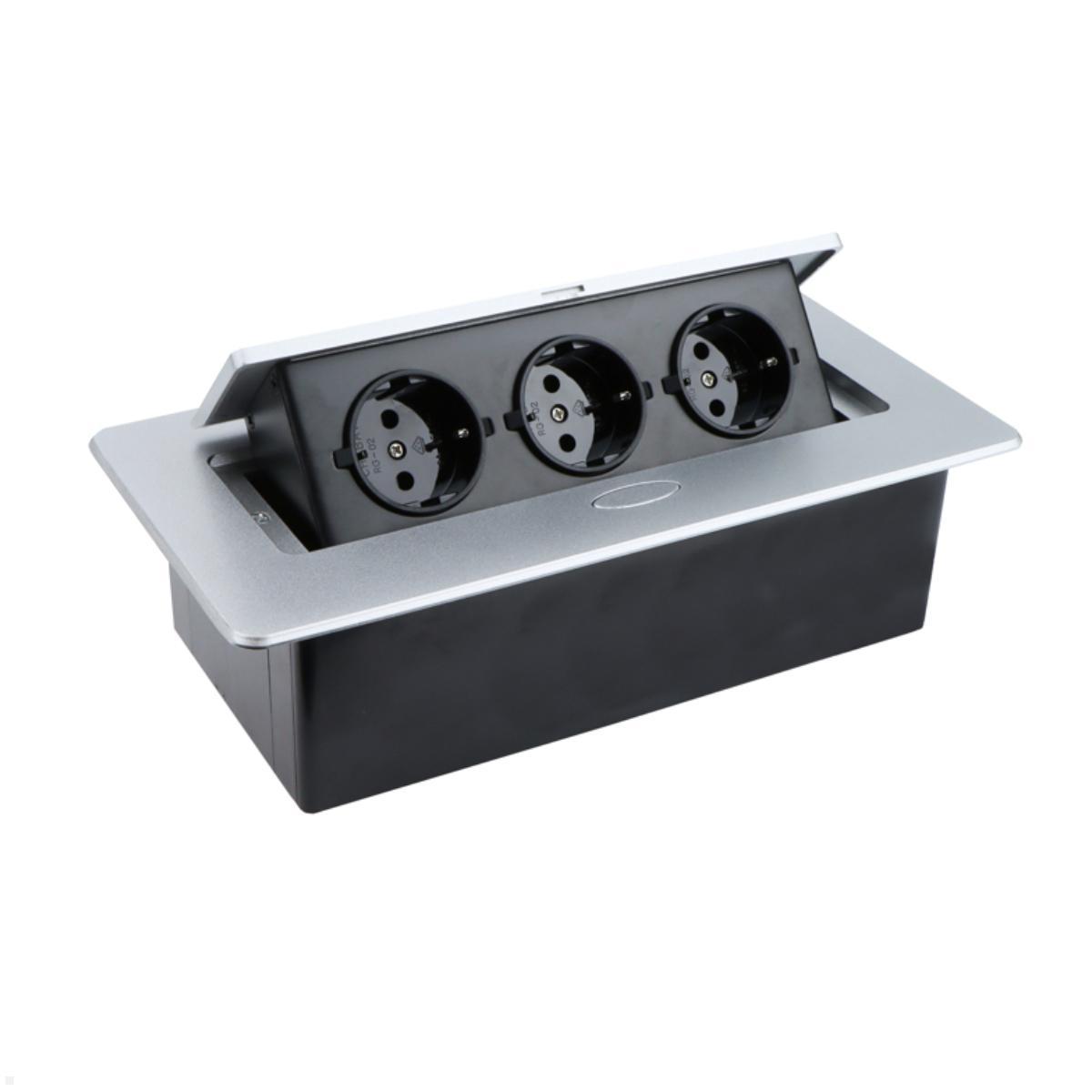 TecLines TES011S 3-fach Einbausteckdose mit 3m Kabel, silber offen