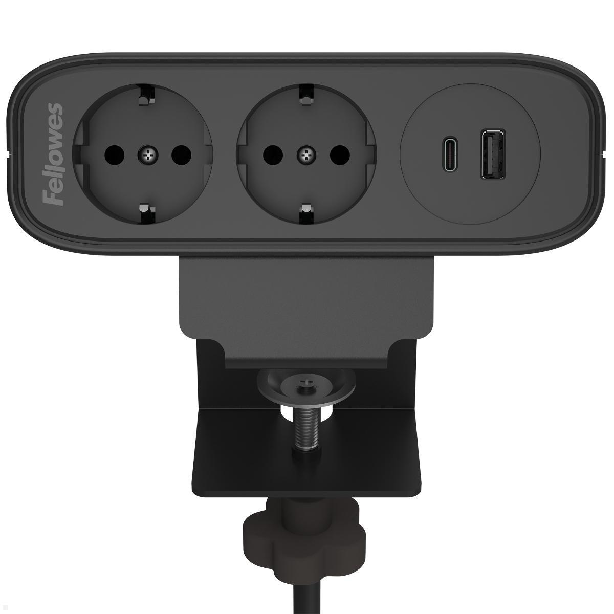 Fellowes Power Desk Up EP65 Tischsteckdose mit 2x Steckdose, 1x USB-A/C Charger, Frontansicht