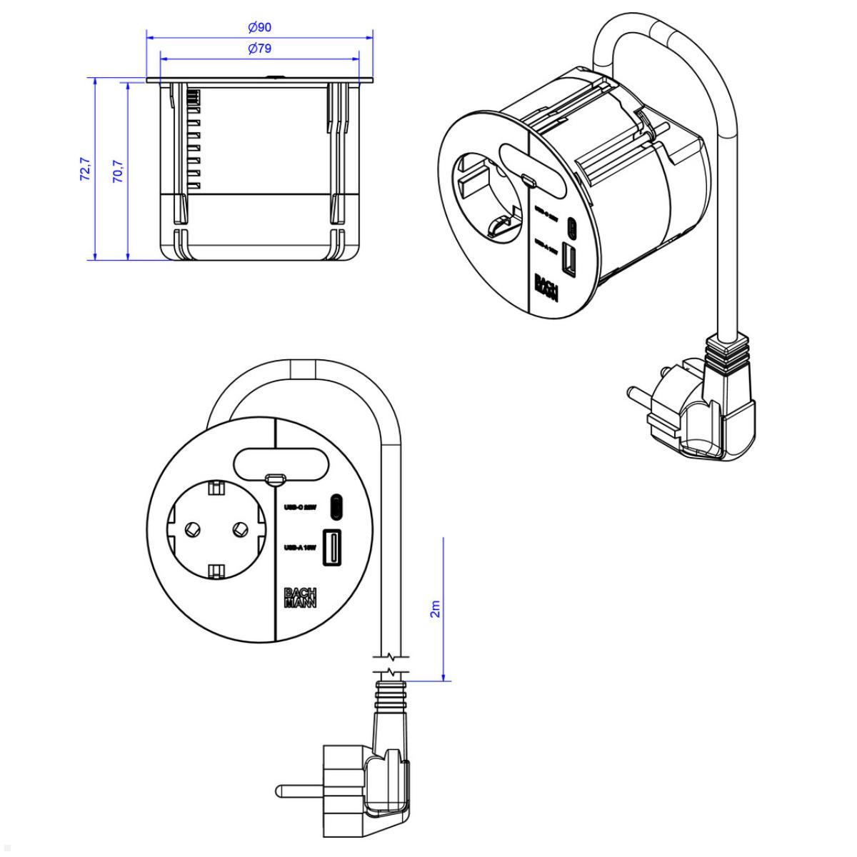 Bachmann LOOP IN CHARGE Steckdose USB A/C Winkelstecker, schwarz (938.201), technische Zeichnung Bachmann LOOP IN CHARGE Steckdose USB A/C Winkelstecker, schwarz (938.201), technische Zeichnung