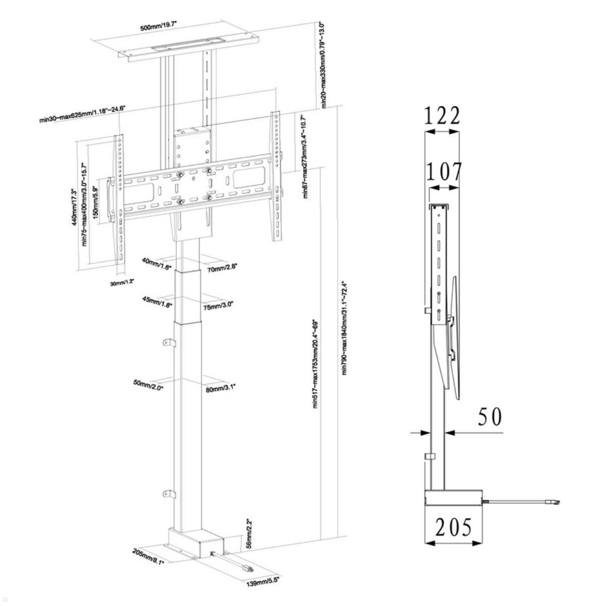 MonLines MLS032B Einbau TV Lift bis 80 Zoll, 1050 mm Hub, Maße