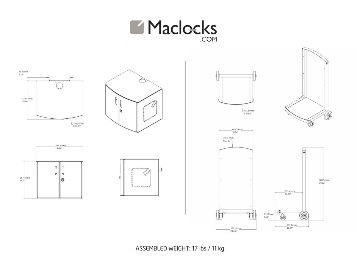 Compulocks UNO CartiPad Tablet/Laptop Ladeschrank Trolley für 16 Geräte technische Zeichnung Compulocks UNO CartiPad Tablet/Laptop Ladeschrank Trolley für 16 Geräte technische Zeichnung