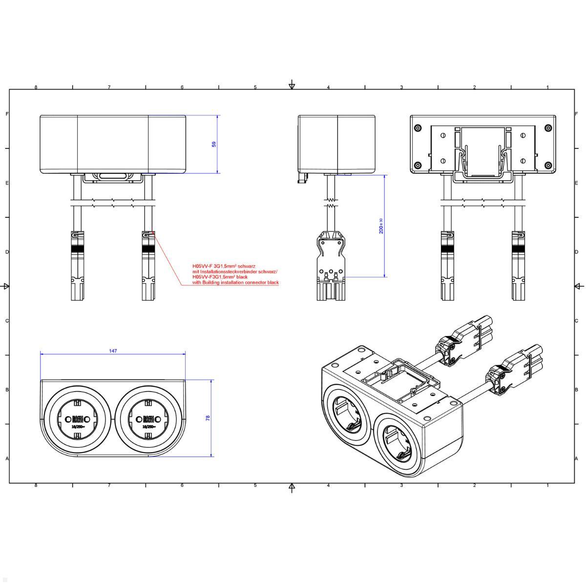 Bachmann PIX HOLDER DOUBLE Steckdose für Möbel mit 2x CEE7/3, 0,2m GST18 (BM0020103), Möbelelektrifizierung