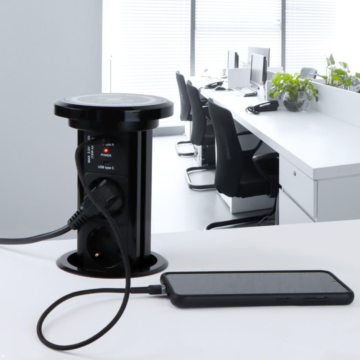 TecLines TVS006B versenkbare 3-fach Steckdosenleiste mit USB A/C, Qi, schwarz, Anwendung Büro