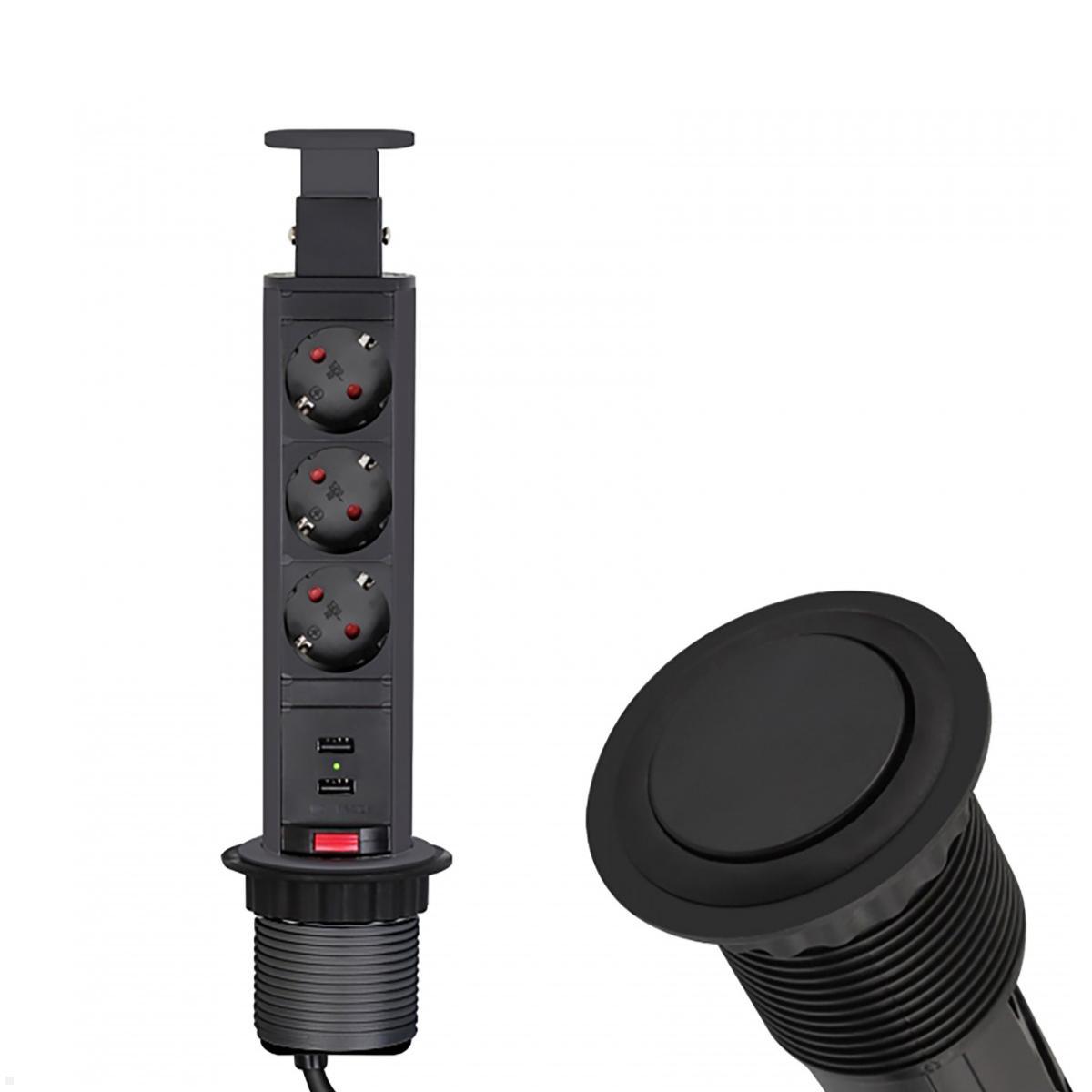 TecLines TVS009B versenkbare 3-fach Steckdosenleiste mit USB A/C, schwarz TecLines TVS009B versenkbare 3-fach Steckdosenleiste mit USB A/C, schwarz