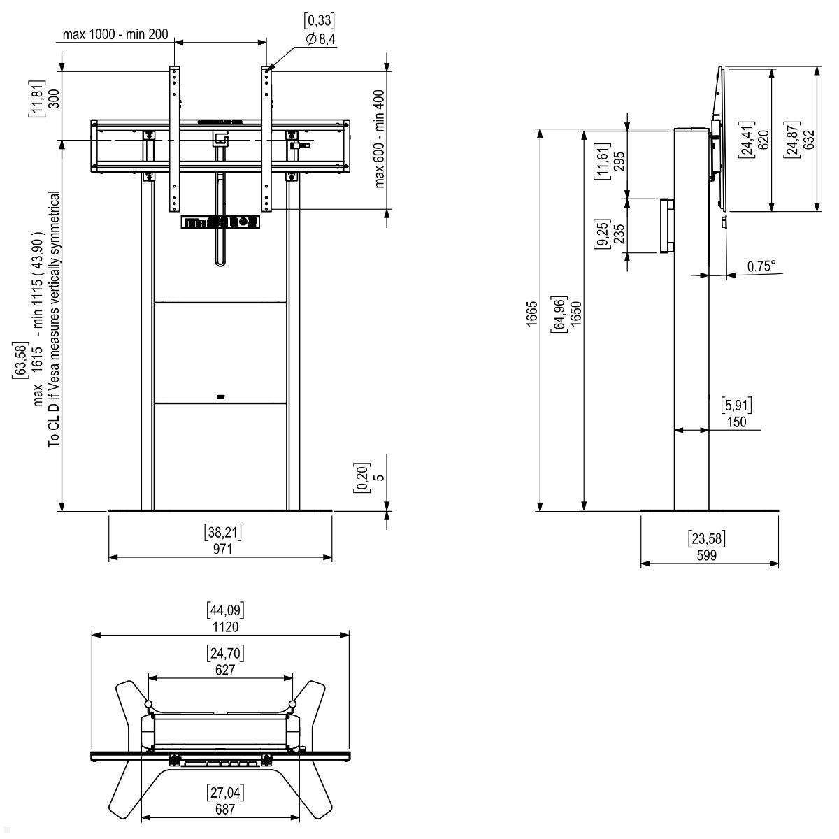 SMS Presence elektrischer Monitorständer bis 105 Zoll (K05-115-22), technische Zeichnung SMS Presence elektrischer Monitorständer bis 105 Zoll (K05-115-22), technische Zeichnung