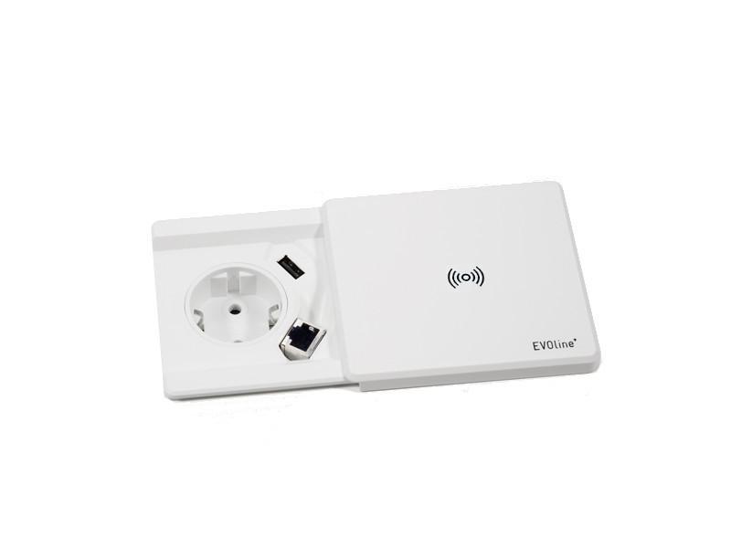 EVOline Square80 Einbausteckdose Qi-Version 1x Schuko, USB, CAT6 Buchse weiss EVOline Square80 Einbausteckdose Qi-Version 1x Schuko, USB, CAT6 Buchse weiss