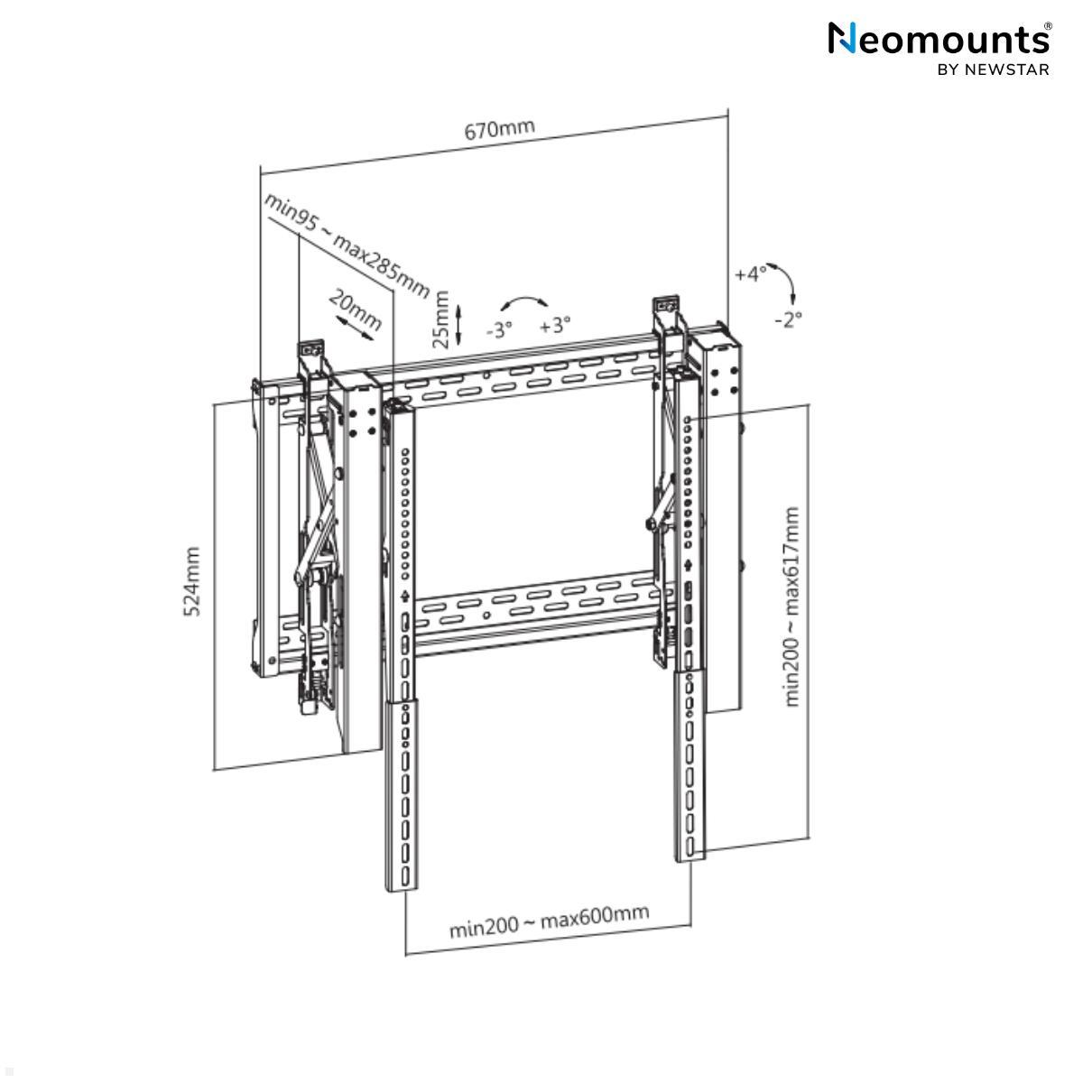 Neomounts LED-VW2500BLACK1 flache Videowall TV Wandhalterung bis 75 Zoll technische Zeichnung