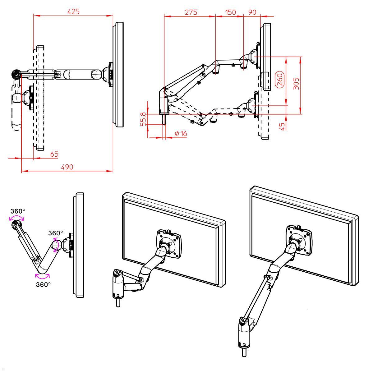Novus LiftTEC Arm 3 Monitor Wandhalterung 3-8 kg (931+3089+000), technische Zeichnung Monitorarm