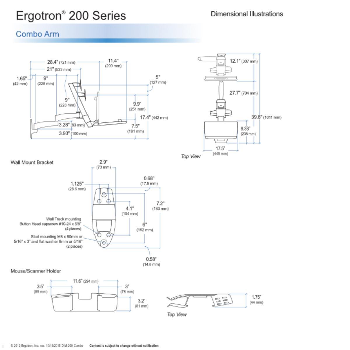 Ergotron Combo Arm der Serie 200 Wandhalterung schwarz (45-230-200) technische Zeichnung