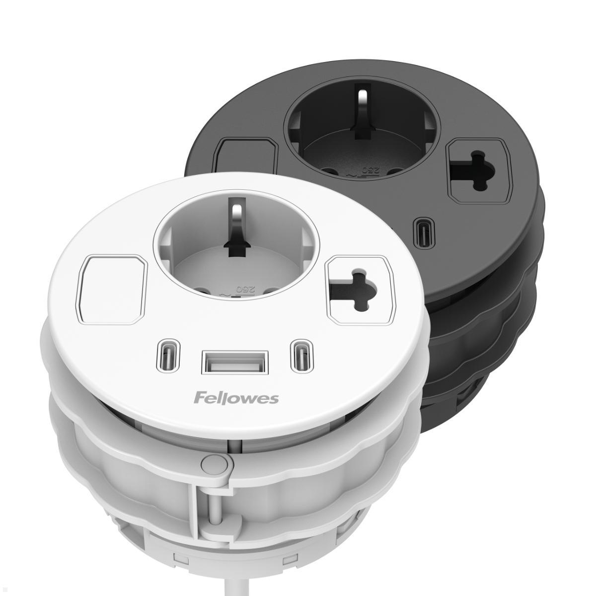 Fellowes Power-Spot Einbausteckdose mit 1x USB-A und 2x USB-C Charger 45W, Farbauswahl
