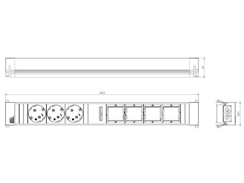 Bachmann CONFERENCE / TOP FRAME 8-fach 3x Steckdose, 4x CM, 1x USB (909.0057) Zeichnung Bachmann CONFERENCE / TOP FRAME 8-fach 3x Steckdose, 4x CM, 1x USB (909.0057) Zeichnung