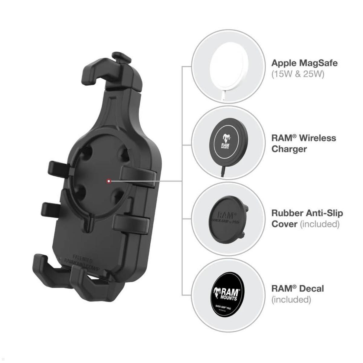 RAM Mounts Quick-Grip™ Pro Universal Smartphone-Halteschale 6,1-7,2'', Vibrationsdämpfung, B-Kugel (RAM-HOL-PD5BVU), Details