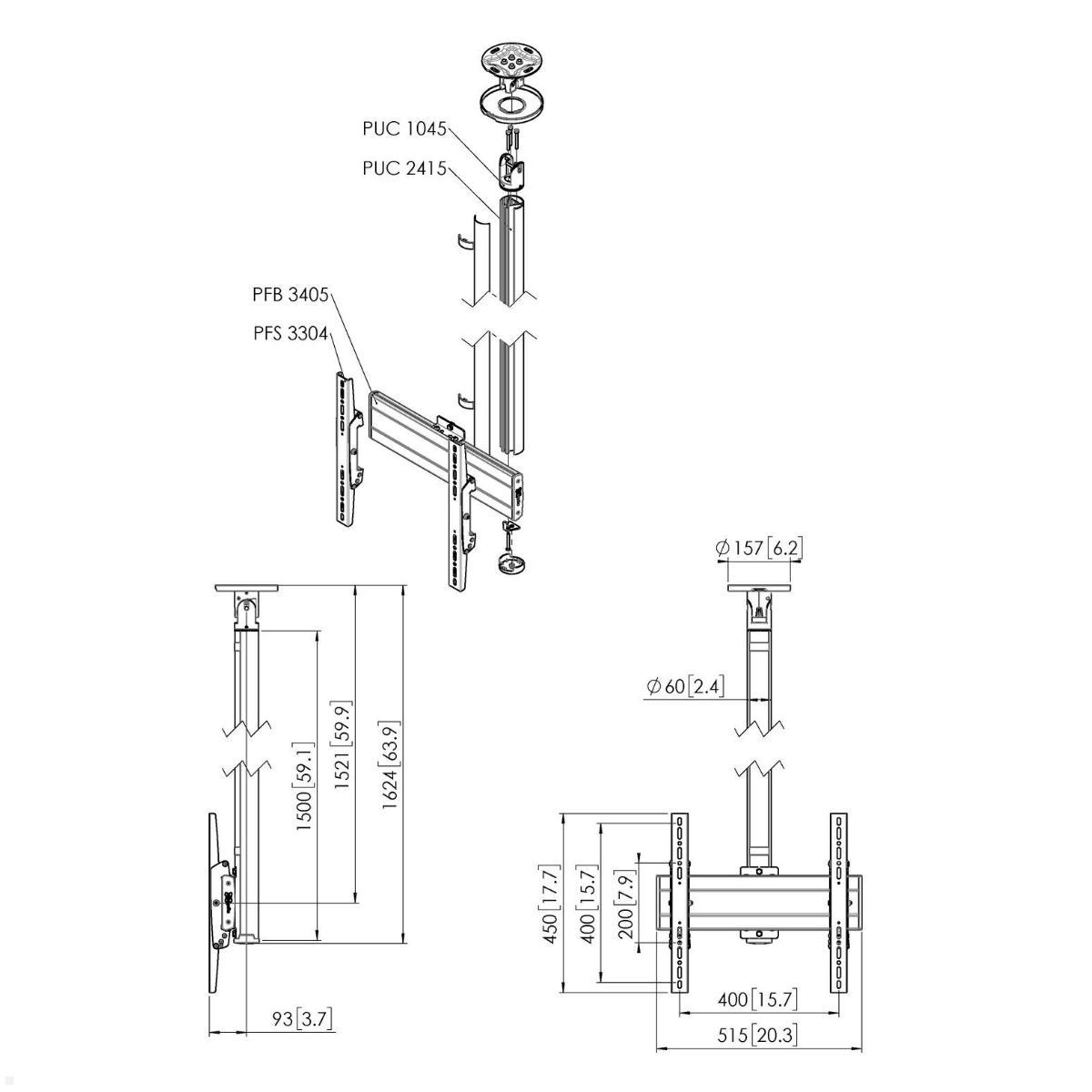 Vogels Connect-it CT241544S TV Deckenhalter bis 65 Zoll, silber, Zeichnung Maße Vogels Connect-it CT241544S TV Deckenhalter bis 65 Zoll, silber, Zeichnung Maße