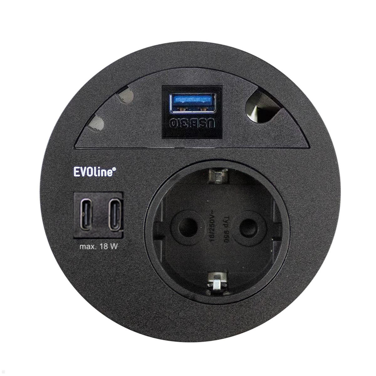 EVOline Circle80 Einbausteckdose mit USB-Charger C/C mit USB 3.0, schwarz