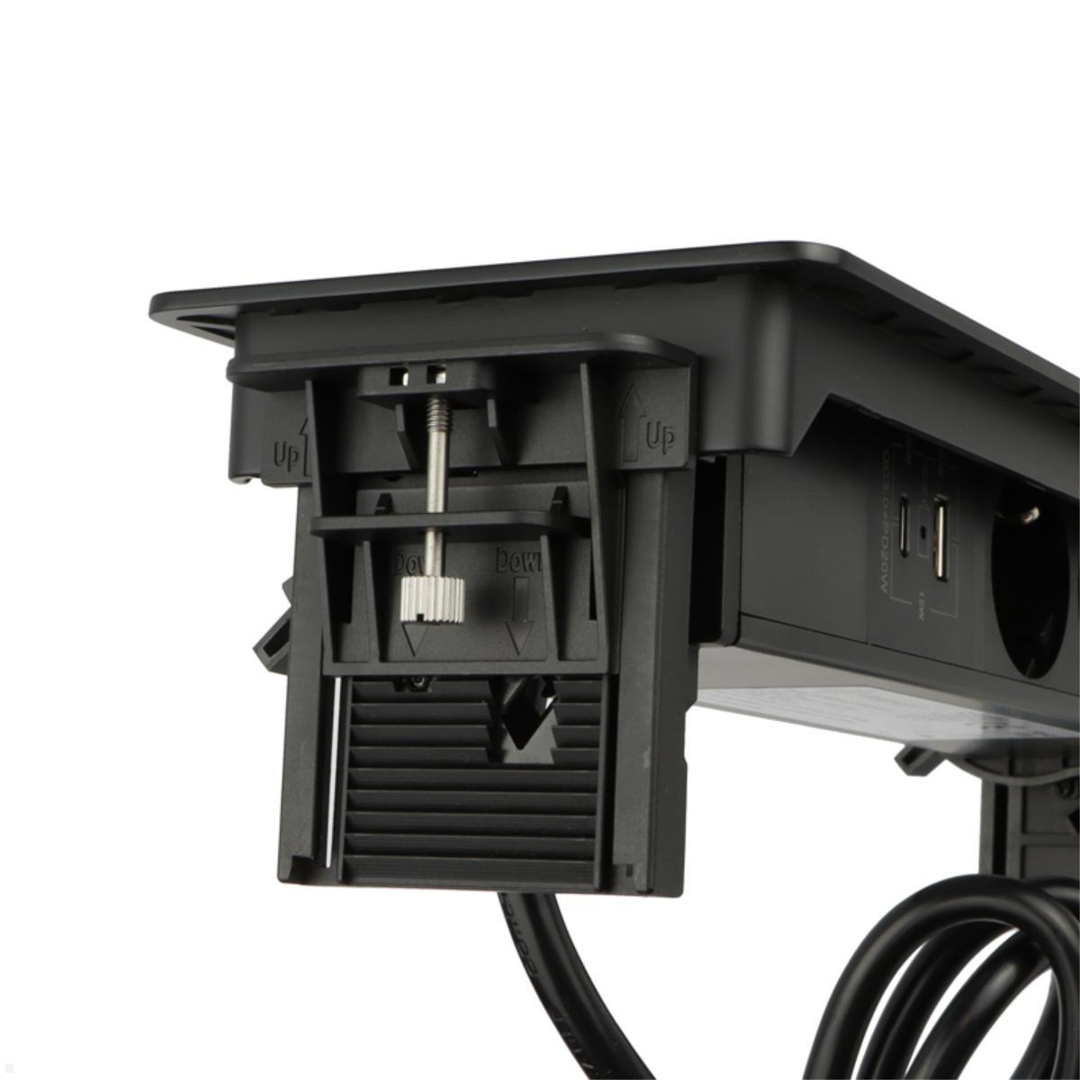 TecLines TES021B 3-fach Einbausteckdose mit USB A+C, schwarz, Einbausteckdose Küche Büro