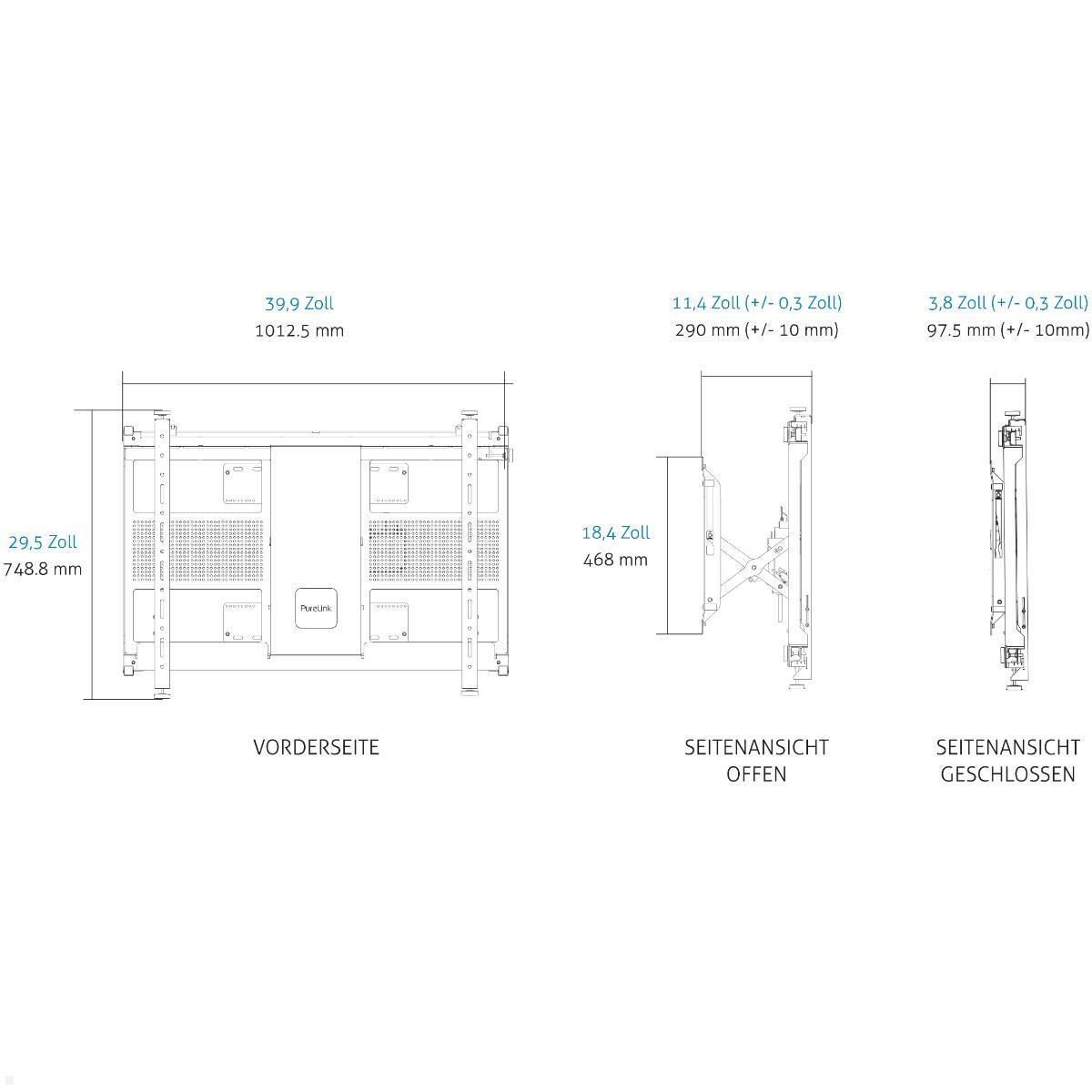PureLink Vuelogic Pop-Out Videowall Wandhalter elektrisch bis 65 Zoll, schwarz, technische Zeichnung