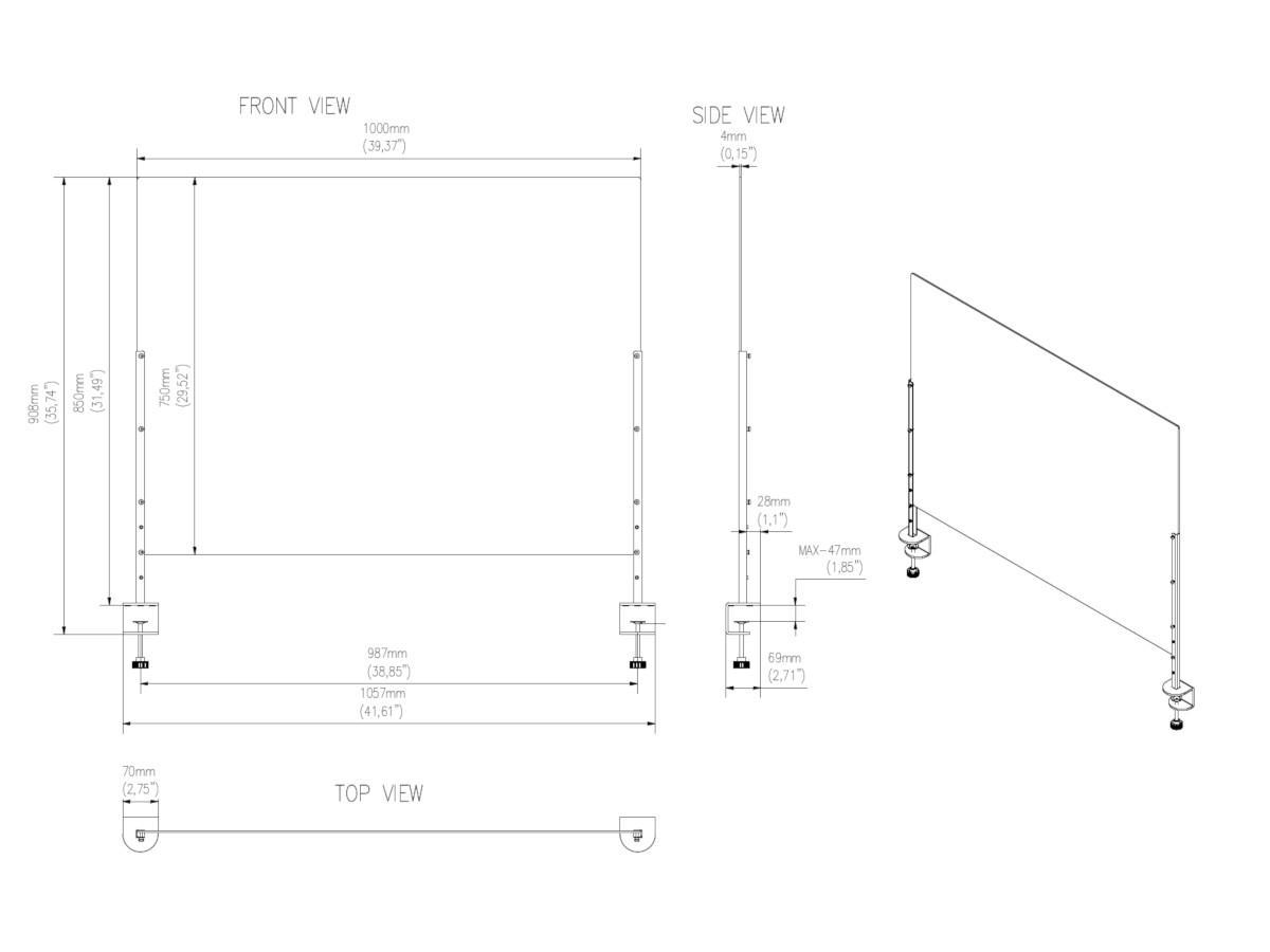 Edbak ProScreen Acrylglas Kassenbereich Schutzscheibe L, Tischklemme technische Zeichnung