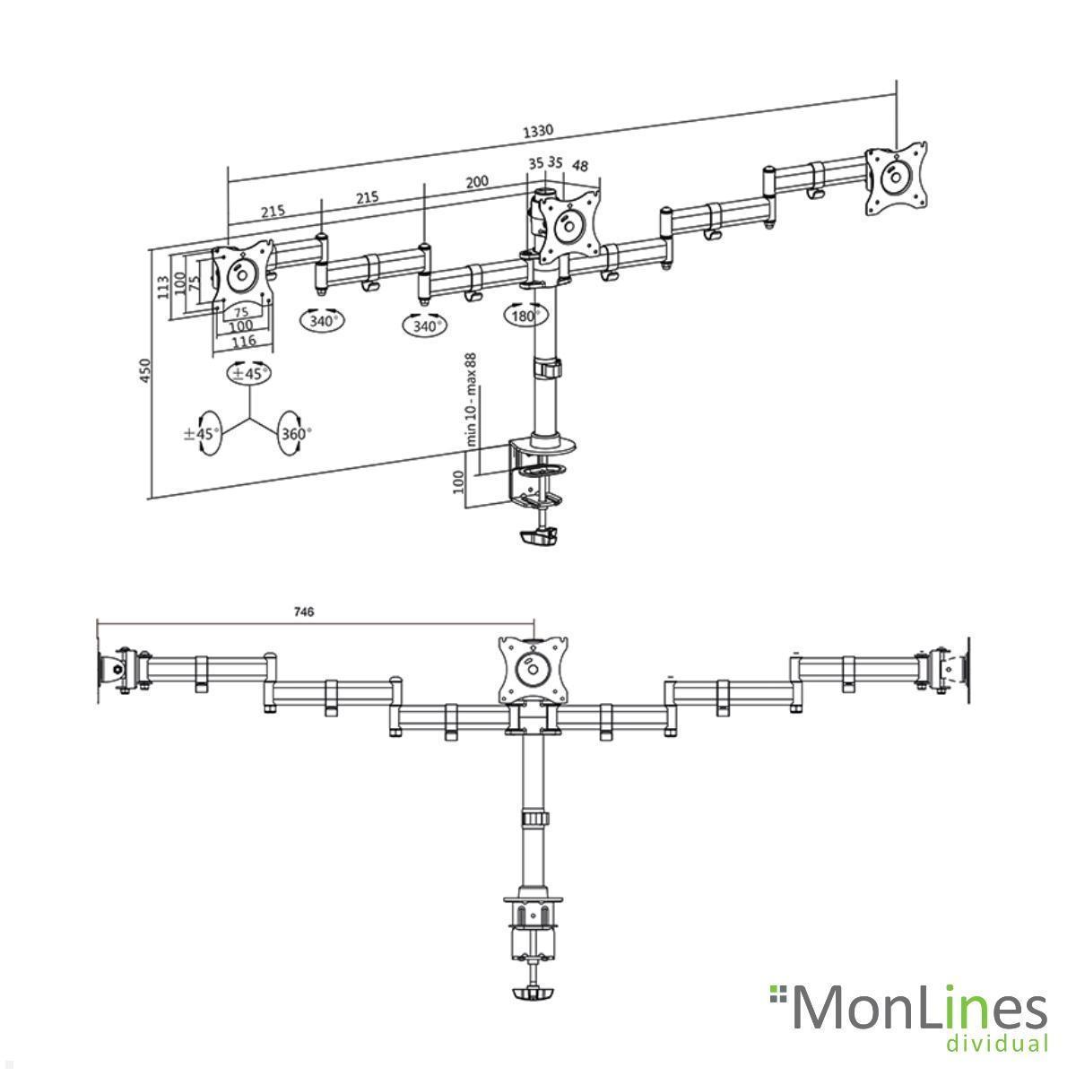 MonLines MTH015B Monitorhalter für 3 Monitore nebeneinander bis 27 Zoll technische Zeichnung