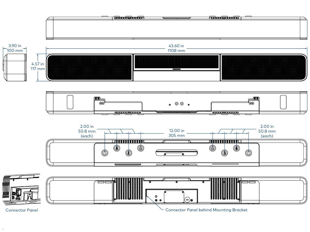 Crestron UC-SB1 Stereo Soundbar für Videokonferenzen USB 3.0, technische Zeichnung