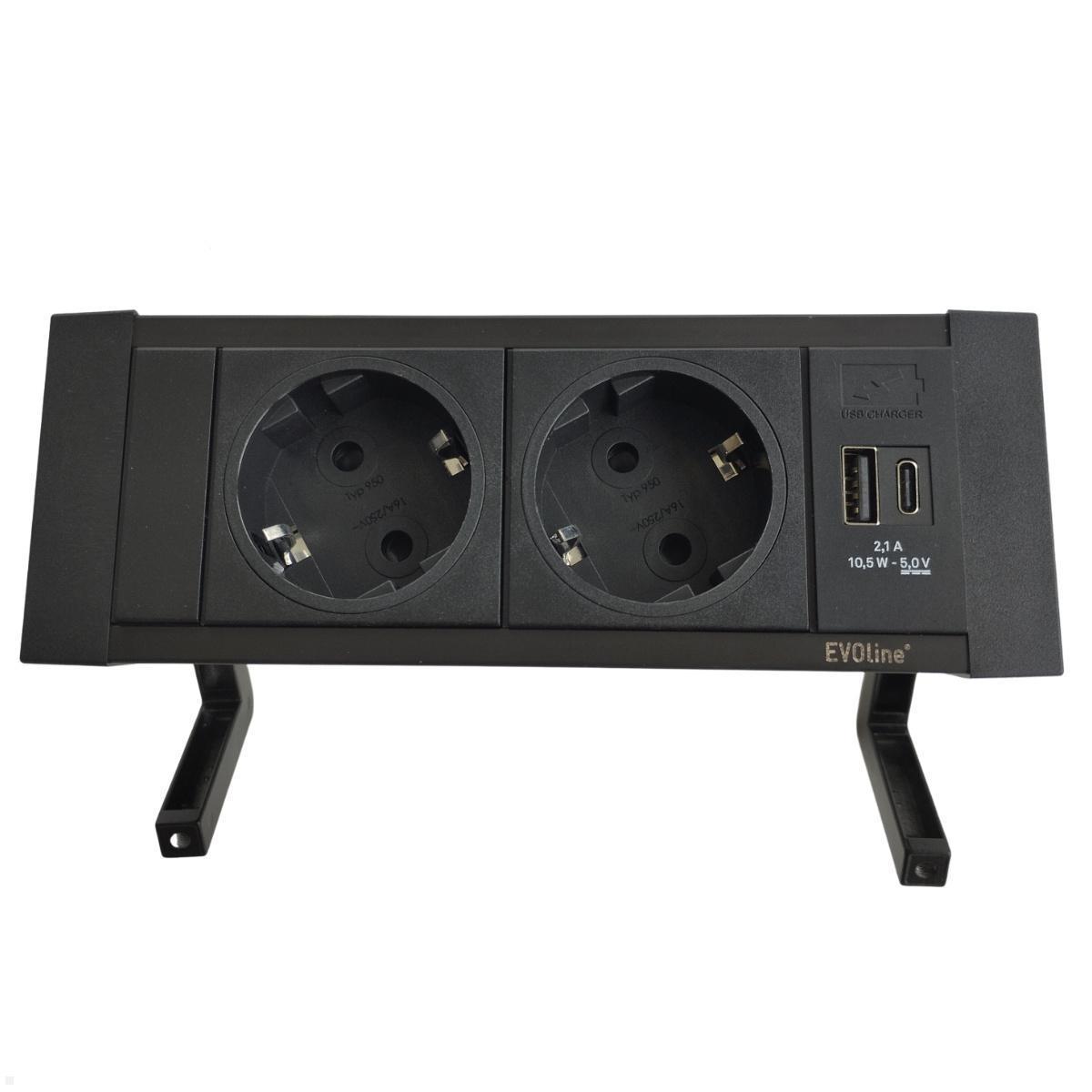 EVOline DockSquare 2-fach Steckdose 1x USB-A/C mit Befestigungszwingen, Frontansicht EVOline DockSquare 2-fach Steckdose 1x USB-A/C mit Befestigungszwingen, Frontansicht