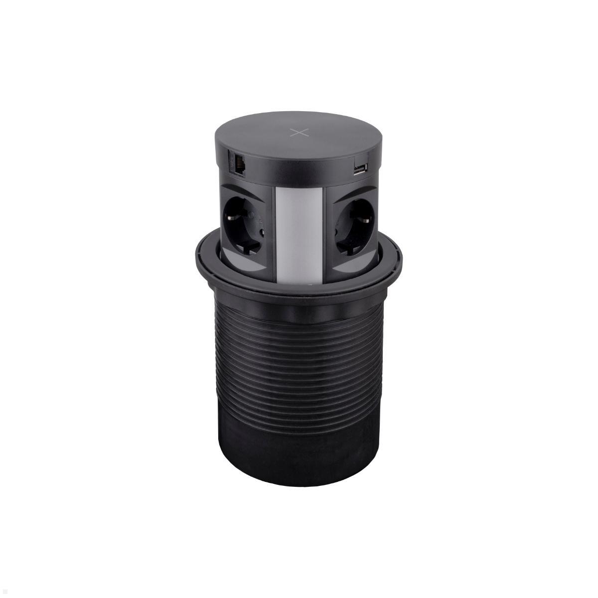 TecLines TVS003B versenkbare 4-fach Steckdose, Qi, 2x USB-A, 2x RJ45, schwarz