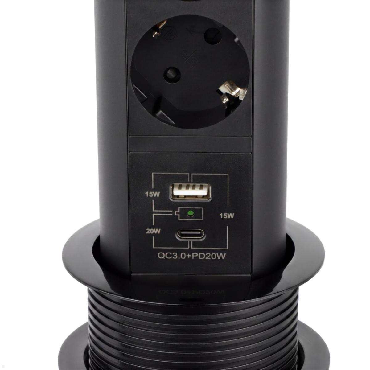TecLines TVS011B versenkbare 2-fach Steckdose mit USB A/C und Qi charger, schwarz, USB A und C Schnellladung