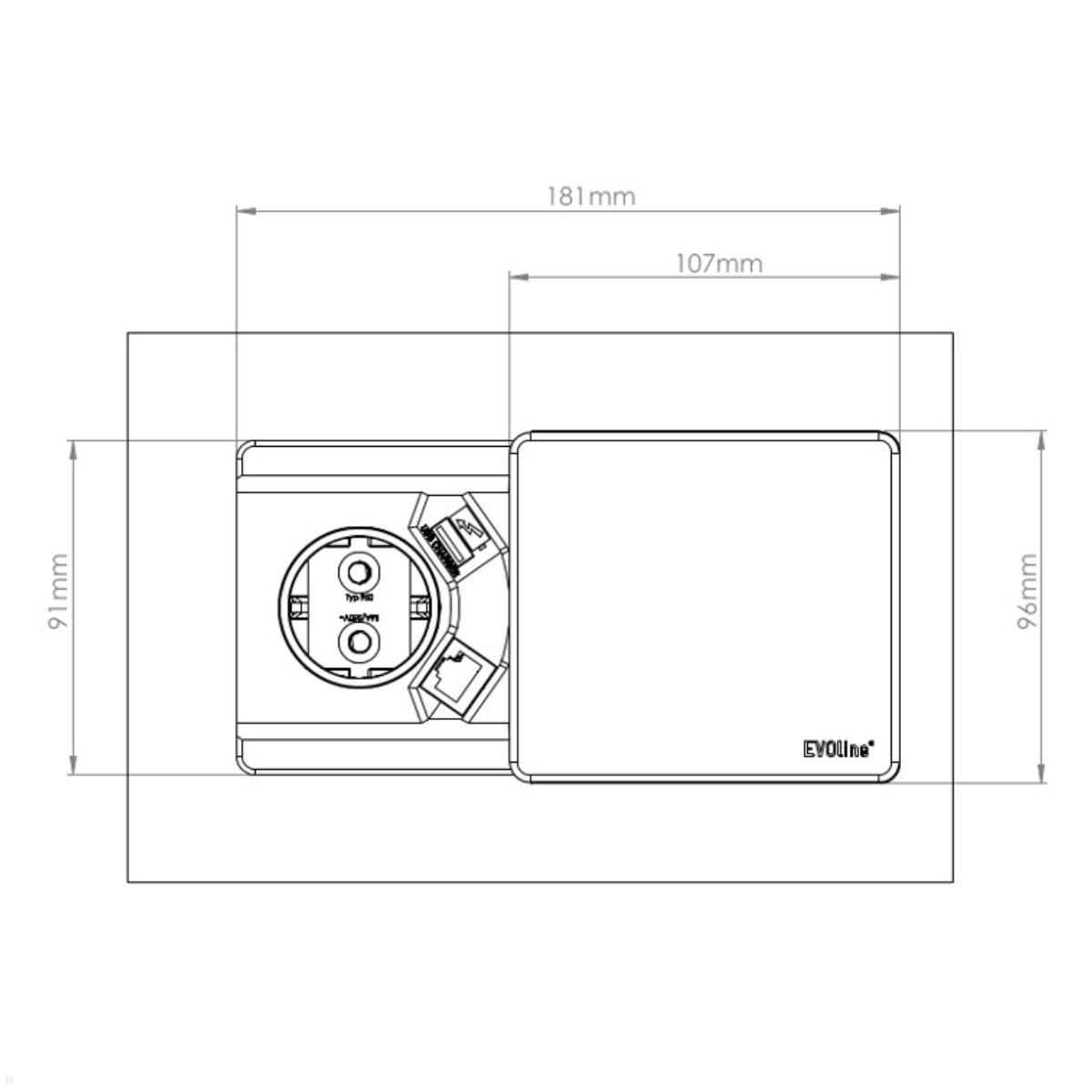 EVOline Square80 Einbausteckdose mit 1x USB-C, 1x CAT6 Buchse, schwarz, Maße