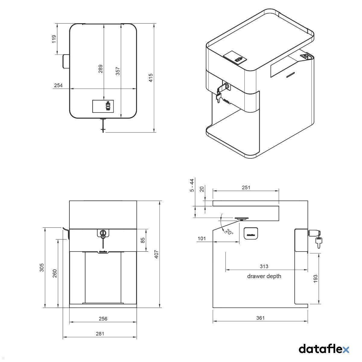 Dataflex Bento Desktop Locker 503 Untertisch Schrank mit Tischklemme (45.503), schwarz technische Zeichnung Unterschrank Dataflex Bento Desktop Locker 503 Untertisch Schrank mit Tischklemme (45.503), schwarz technische Zeichnung Unterschrank