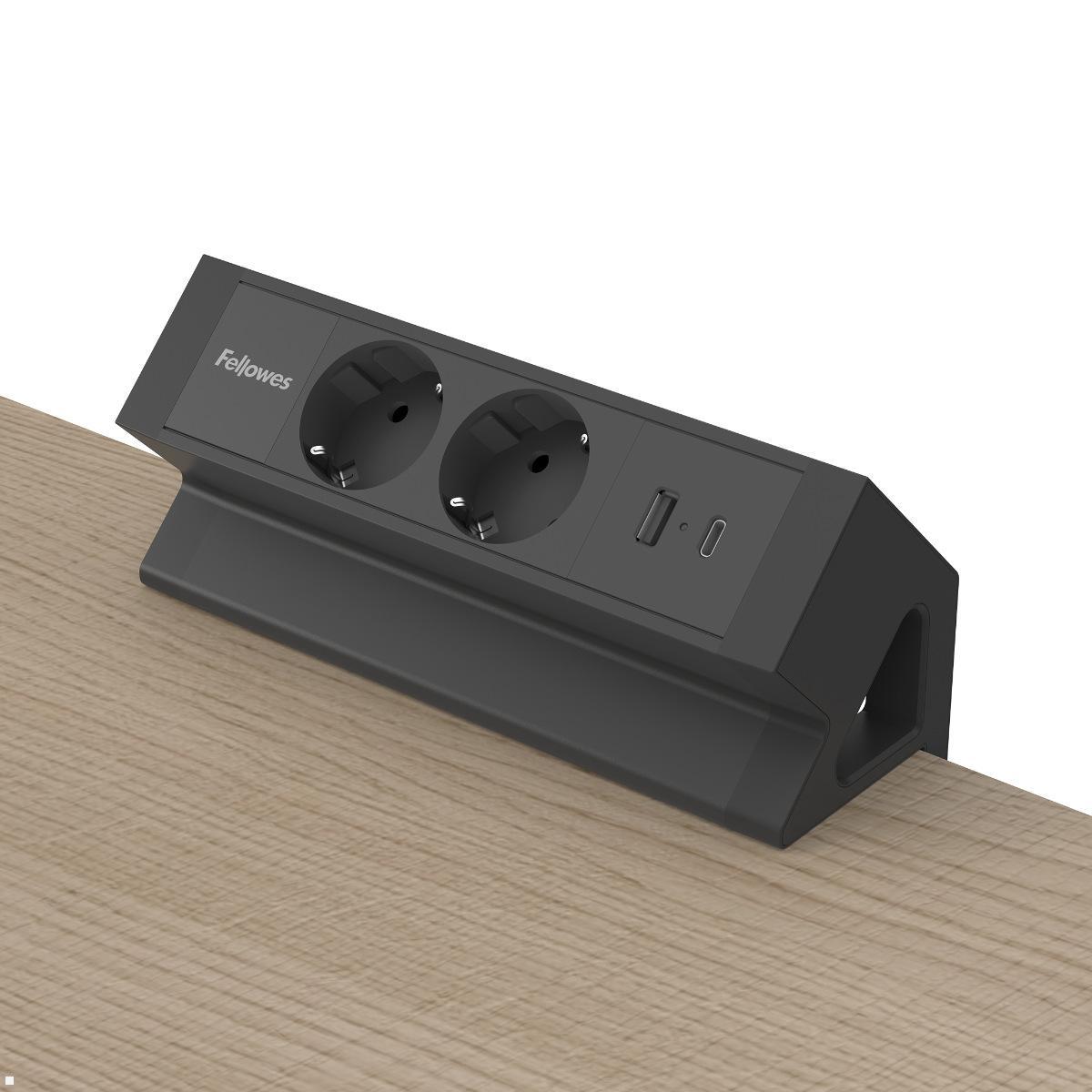 Fellowes Power Desk Up 2.0 Tischsteckdose mit 2x Steckdose, 1x USB-A/C Charger, Anwendungsbeispiel