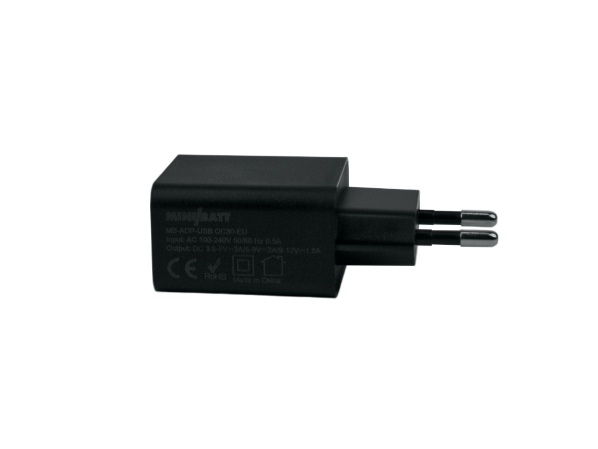 miniBatt MB-ADP USB Quick Charge 3.0 Netzteil für Wireless Charger Seitenansicht miniBatt MB-ADP USB Quick Charge 3.0 Netzteil für Wireless Charger Seitenansicht