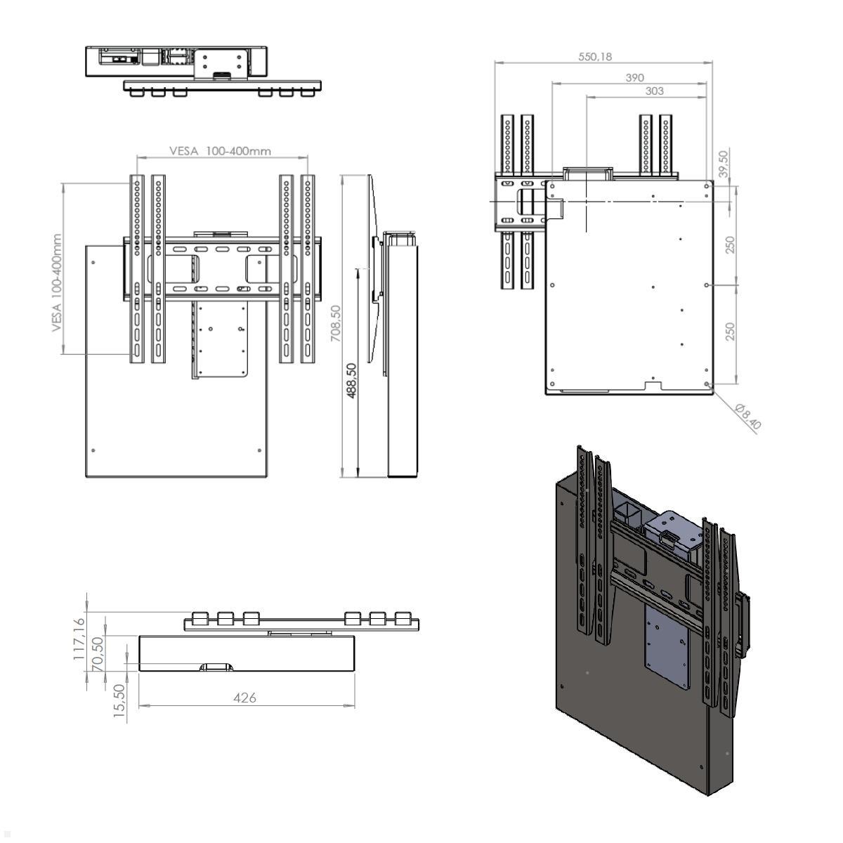 MonLines MLE675S TV Lift  Wandhalterung elektrisch mit Einhausung, 675mm, silber, Maße
