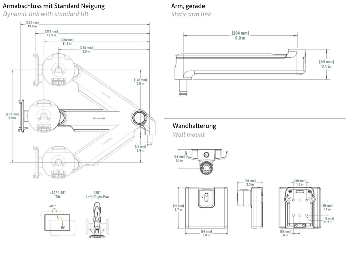 Humanscale M2.1 Monitor Wandhalterung gerade, schwarz, Technische Zeichnung
