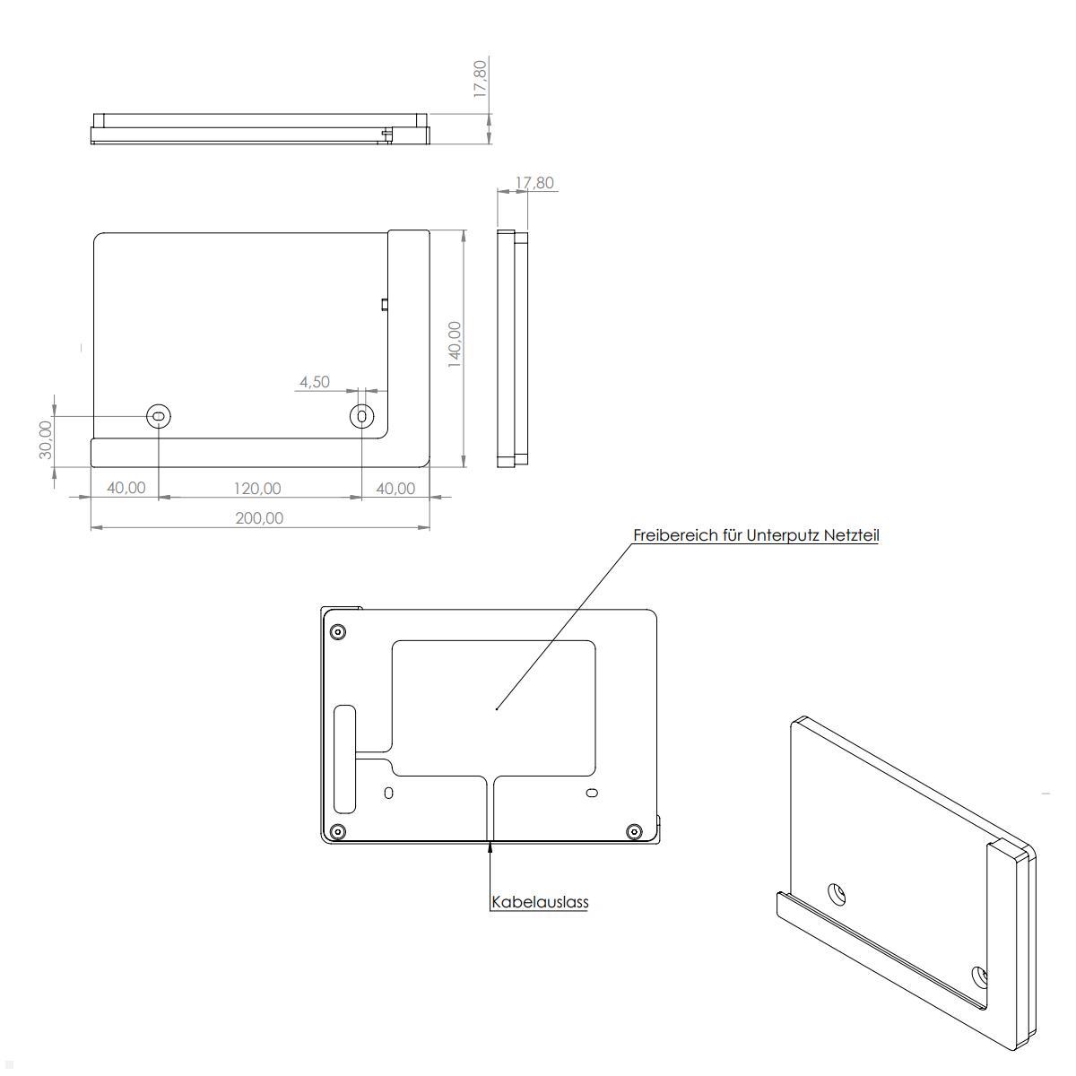 TabLines TWP017W Wandhalterung für Apple iPad 9.7 (5./6. Gen.), weiß, Zeichnung Maße ohne Tablet TabLines TWP017W Wandhalterung für Apple iPad 9.7 (5./6. Gen.), weiß, Zeichnung Maße ohne Tablet