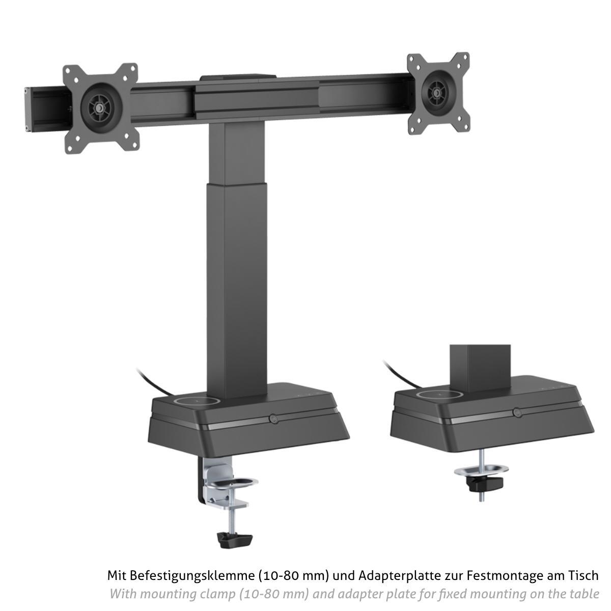 MonLines MTH021B dual Monitor Tischhalterung elektrisch 17 - 27 Zoll, schwarz, Tischklemme und Durchschraubbefestigung