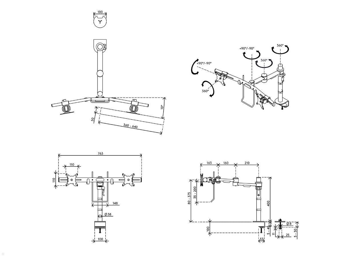 Dataflex Viewmate Dual Monitor Tischhalterung mit Crossbar (52.603), schwarz, technische Zeichnung Dataflex Viewmate Dual Monitor Tischhalterung mit Crossbar (52.603), schwarz, technische Zeichnung