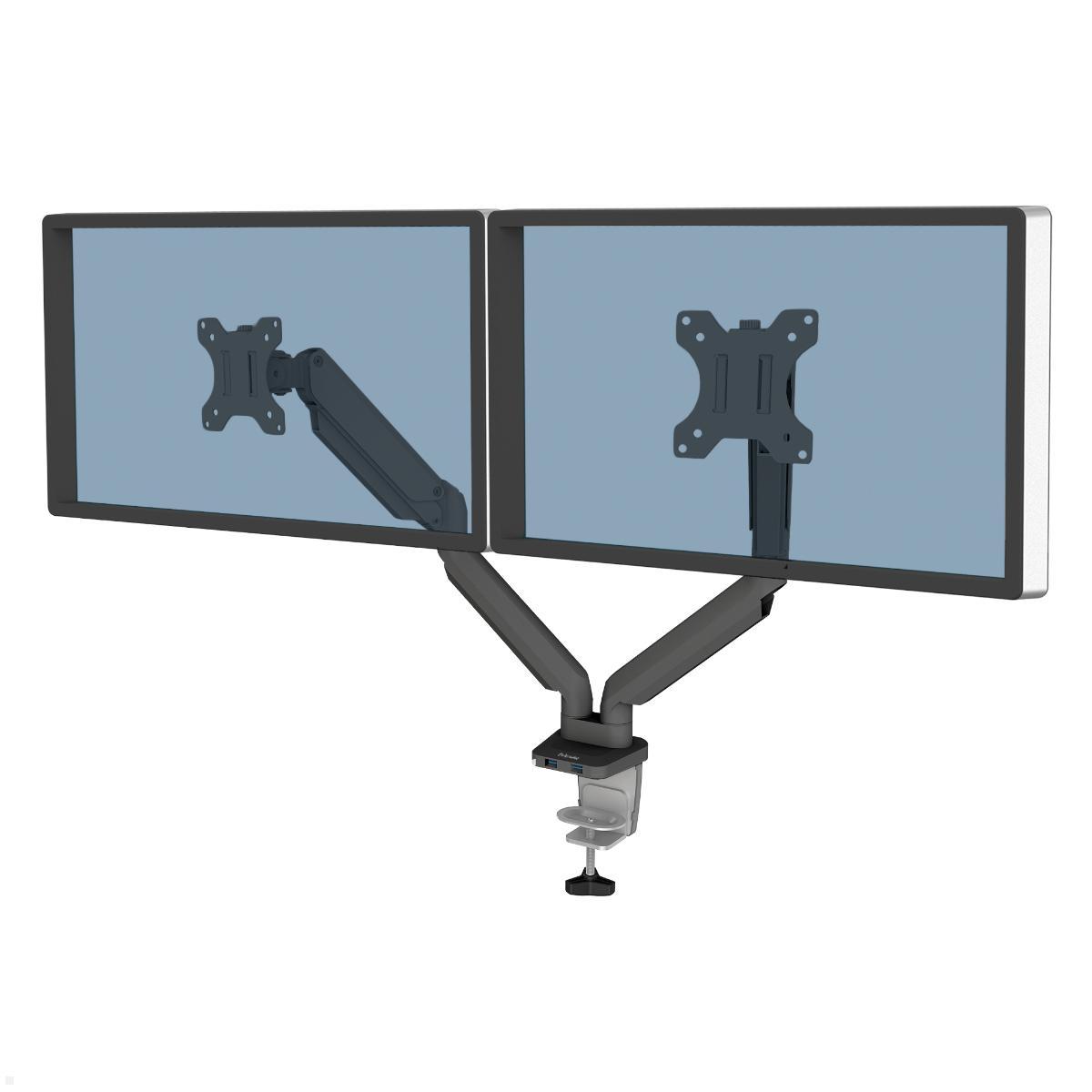 Fellowes Monitorarm Platinum für 2 Monitore nebeneinander, Ansicht mit Monitor Fellowes Monitorarm Platinum für 2 Monitore nebeneinander, Ansicht mit Monitor