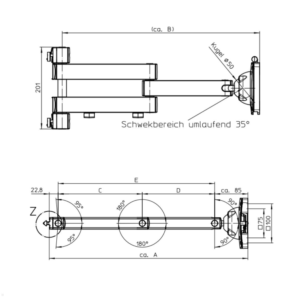 Novus TFC Monitorhalter Faltarm 900 mm Zeichnung
