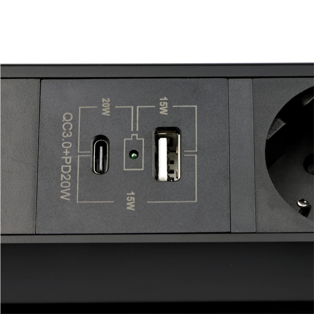 TecLines TES021B 3-fach Einbausteckdose mit USB A+C, schwarz, 39 mm Einbauhöhe