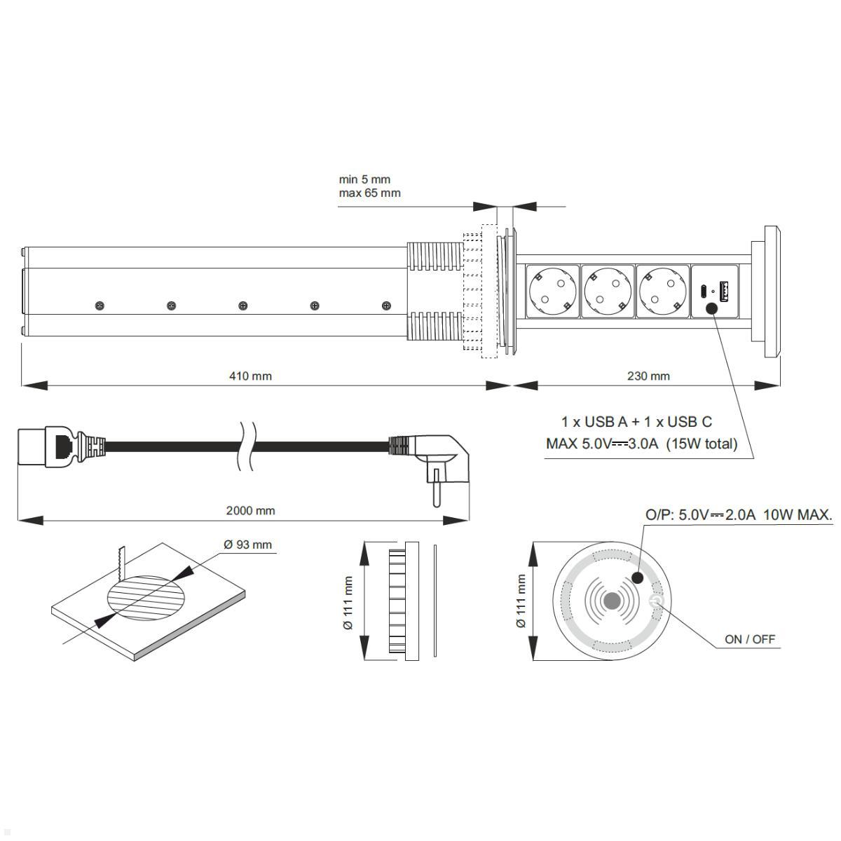 TecLines TVS006B versenkbare 3-fach Steckdosenleiste mit USB A/C, Qi, schwarz, Maße