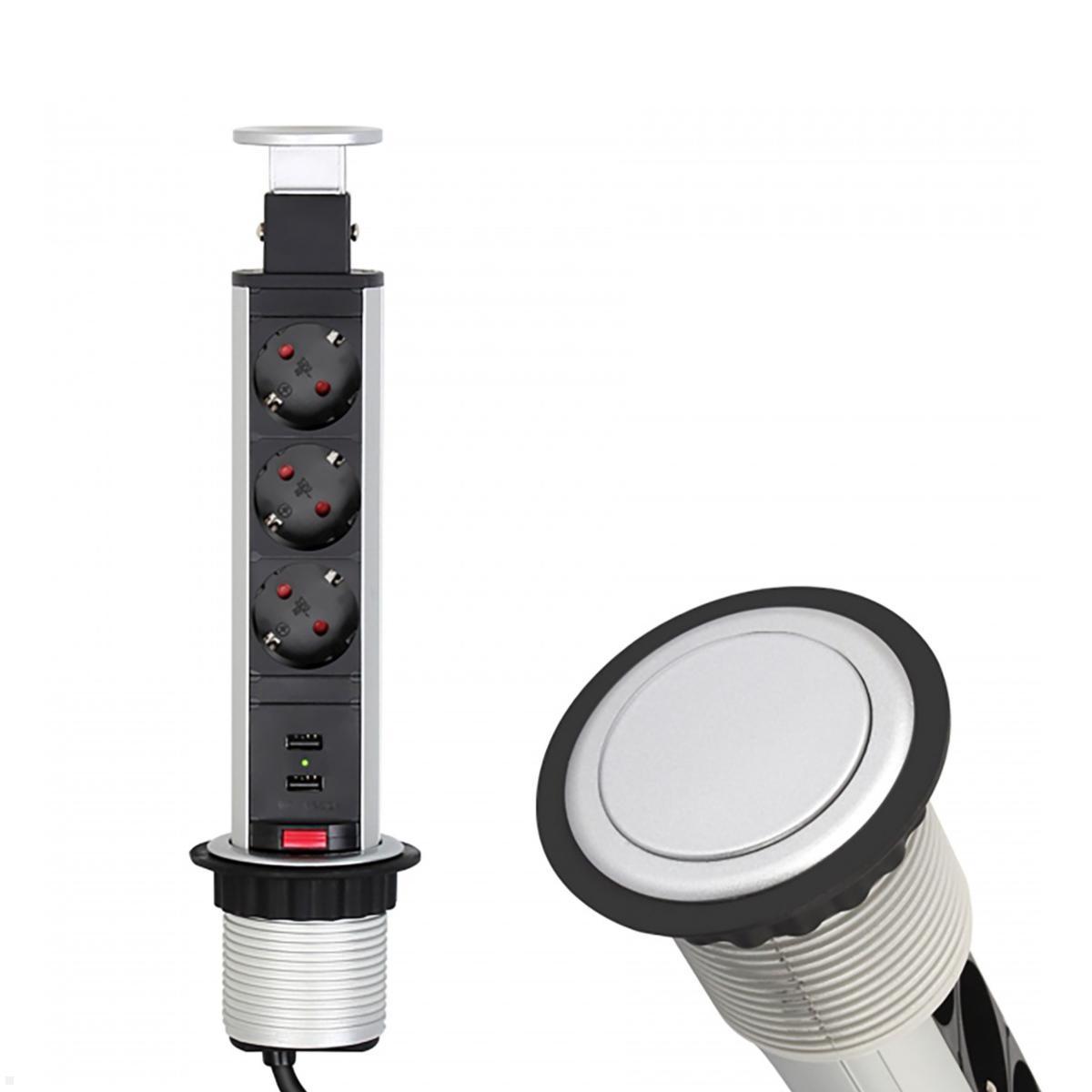 TecLines TVS009S versenkbare 3-fach Steckdosenleiste mit USB A/C, silber TecLines TVS009S versenkbare 3-fach Steckdosenleiste mit USB A/C, silber