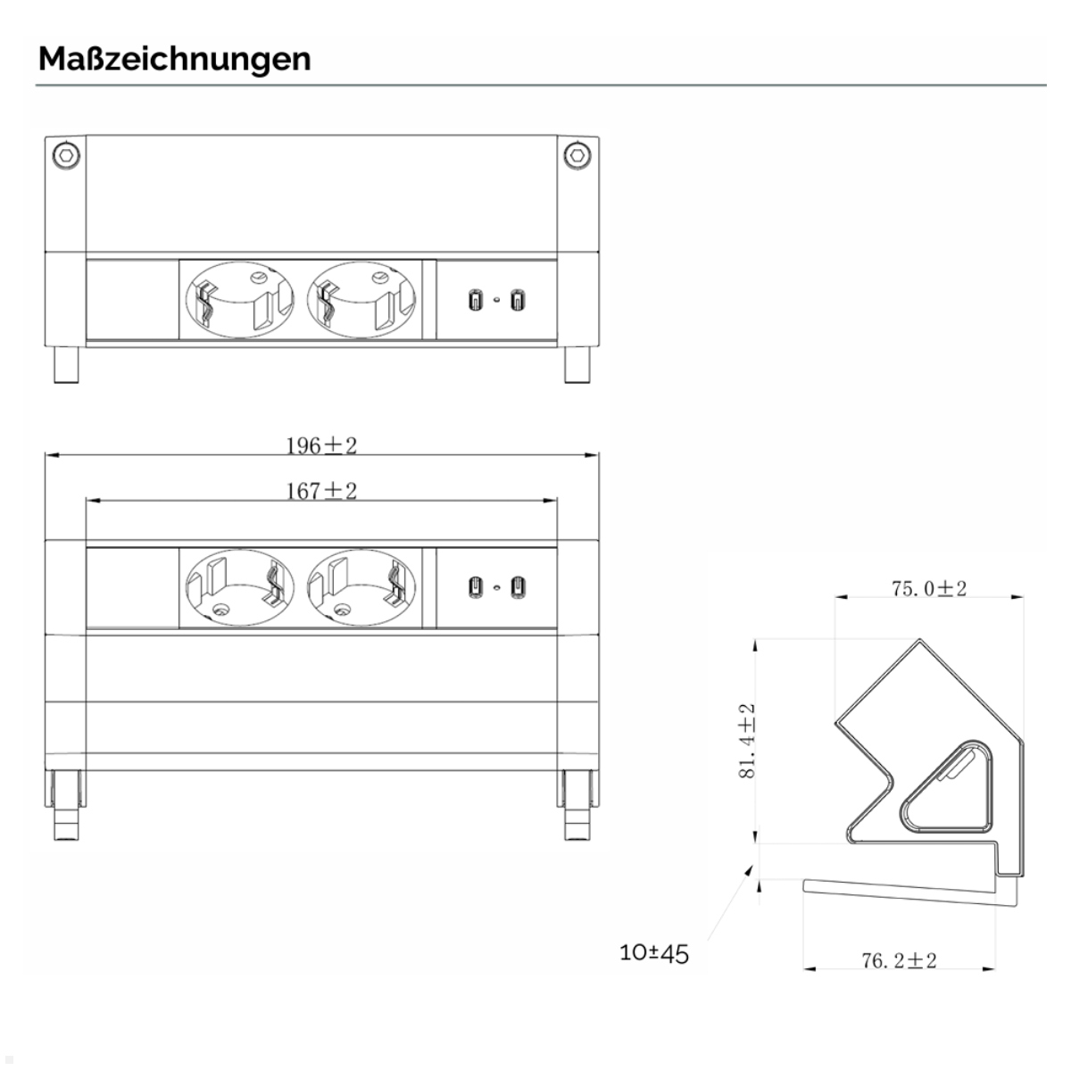 Fellowes Power Desk Up 2.0 Tischsteckdose mit 2x Steckdose, 1x USB-A/C Charger, Maße