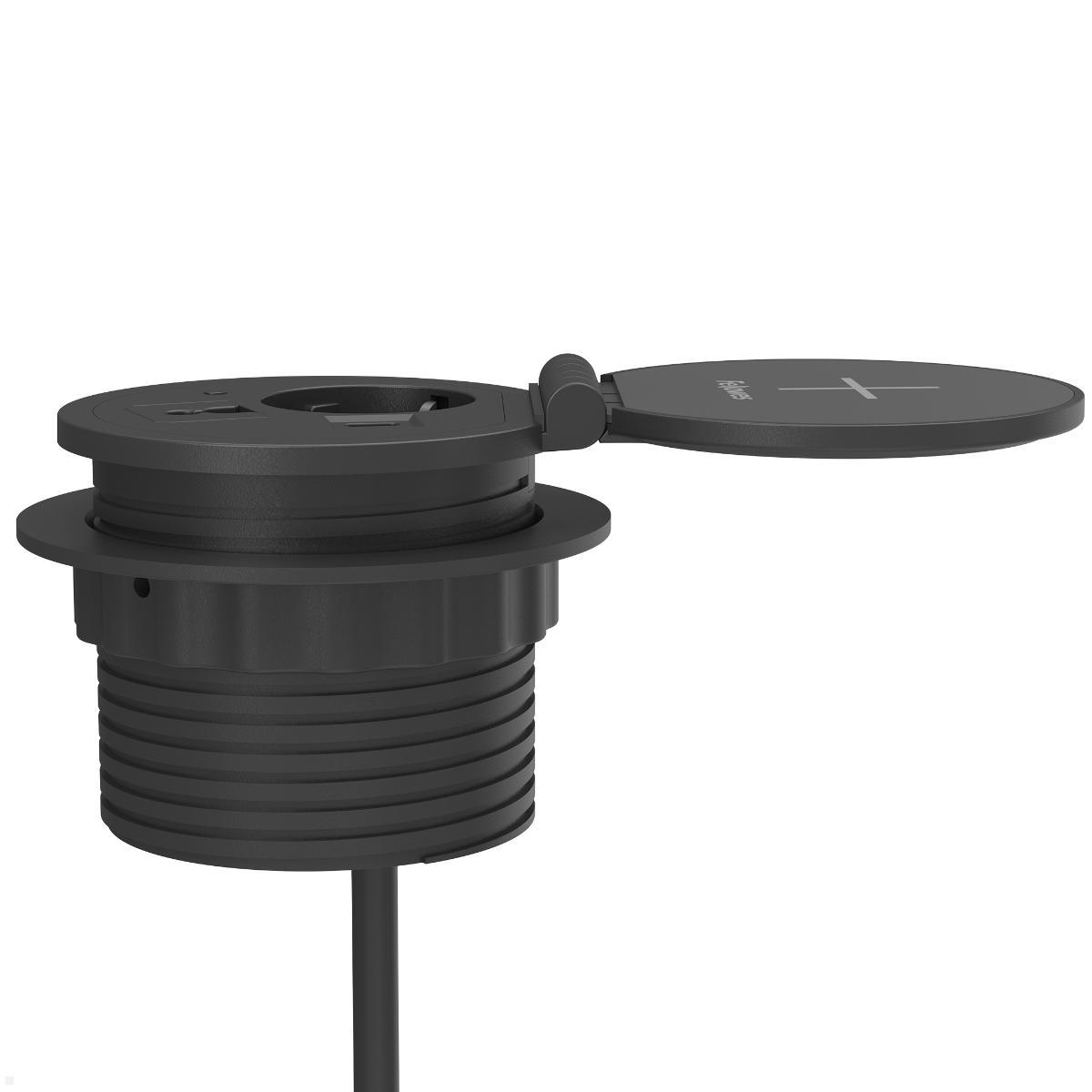 Fellowes Qi Power-Spot Einbausteckdose mit USB A/C Charger, Qi-Ladefunktion (100091395), schwarz, Seiteansicht