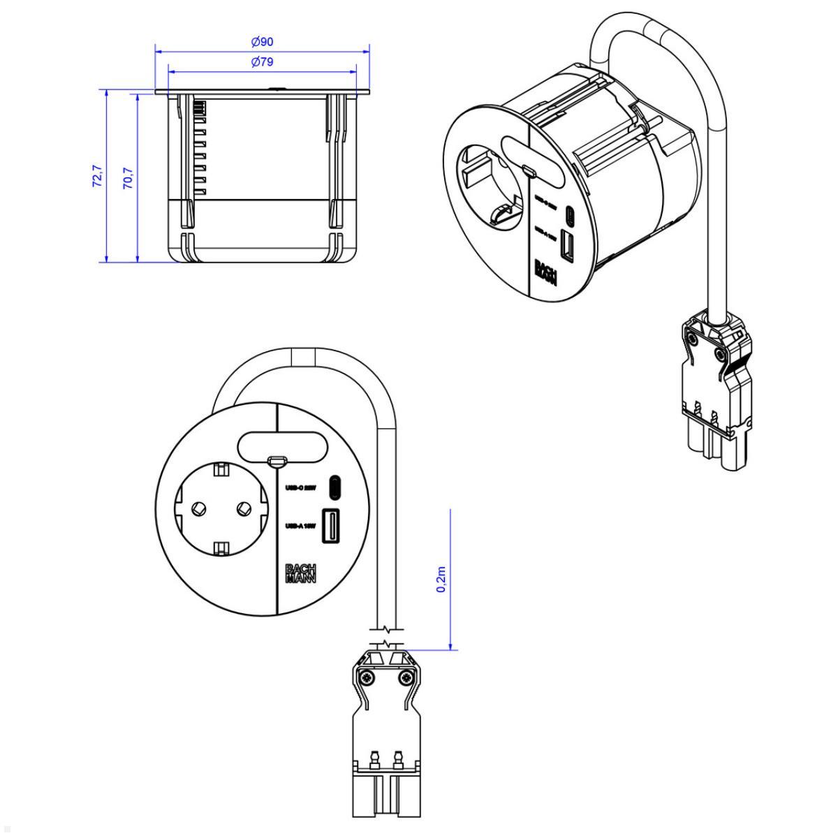 Bachmann LOOP IN CHARGE Steckdose USB A/C Montagestecker, schwarz (938.203), technische Zeichnung Bachmann LOOP IN CHARGE Steckdose USB A/C Montagestecker, schwarz (938.203), technische Zeichnung