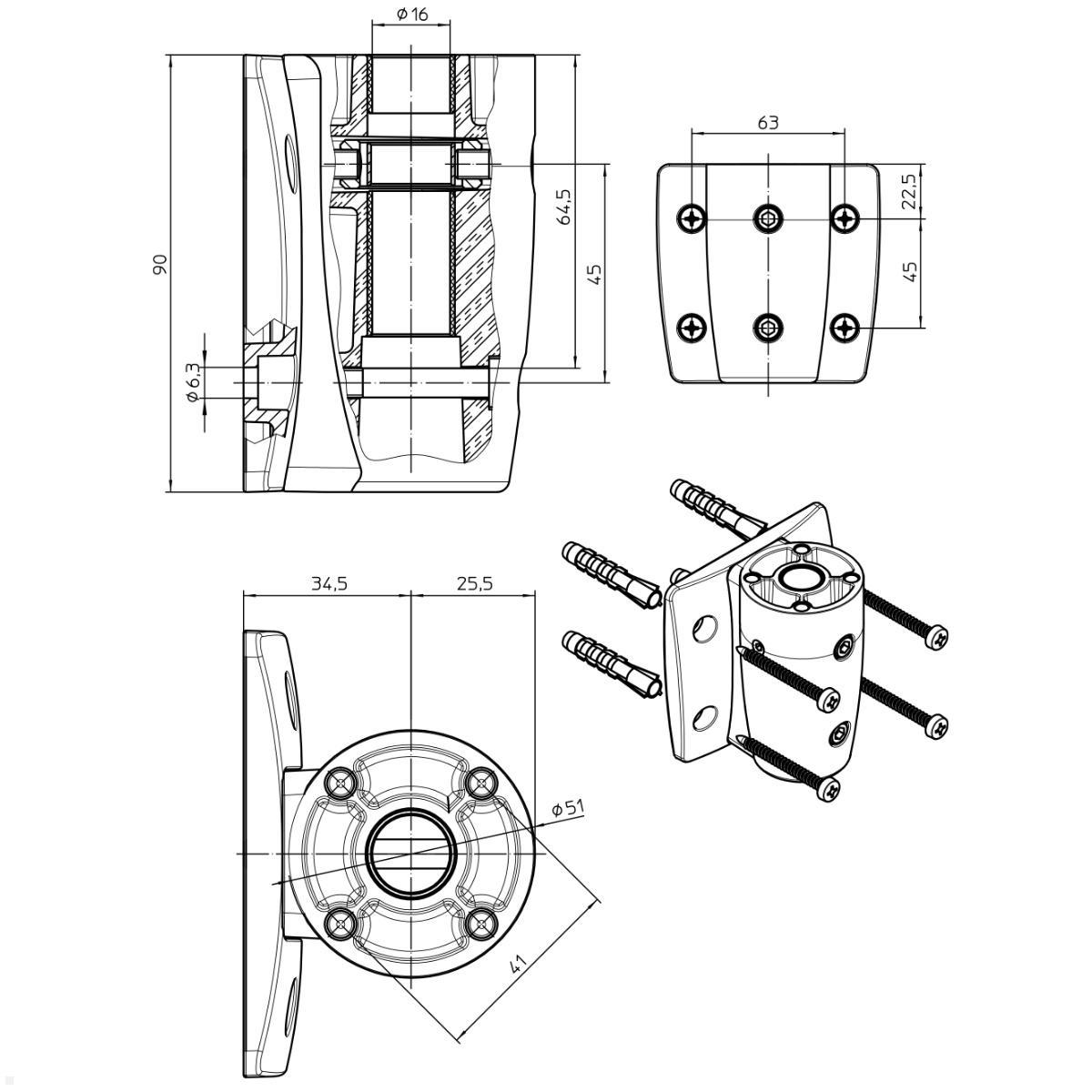 Novus LiftTEC Arm 3 Monitor Wandhalterung 3-8 kg (931+3089+000), technische Zeichnung Wandadapter