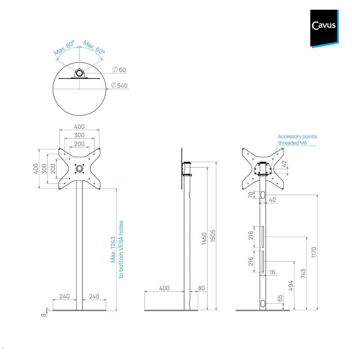 Cavus SPHERE150B44 TV Bodenständer 32 - 65 Zoll, Säule 1500 mm, schwarz technische Zeichnung Cavus SPHERE150B44 TV Bodenständer 32 - 65 Zoll, Säule 1500 mm, schwarz technische Zeichnung