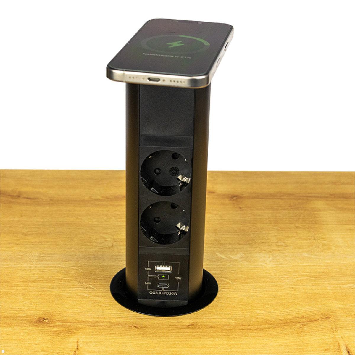 TecLines TVS011B versenkbare 2-fach Steckdose mit USB A/C und Qi charger, schwarz, Steckdose für Schreibtisch