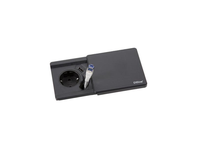 EVOline Square80 Einbausteckdose 1x Schuko mit USB und CAT6 Patchkabel schwarz