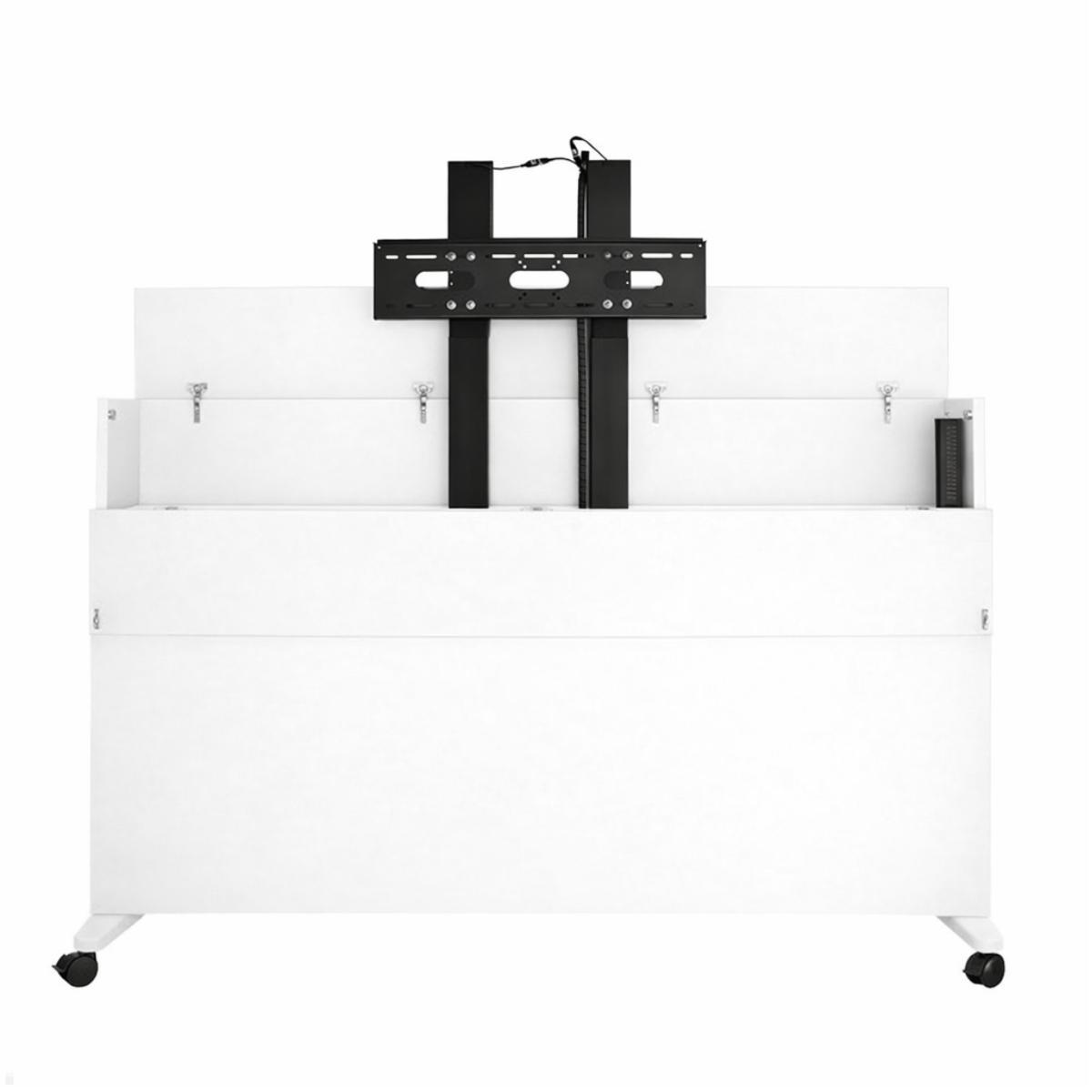 MonLines SIDEB86W mobiles Display Sideboard mit Lift bis 86 Zoll, weiß, Lift ausgefahren